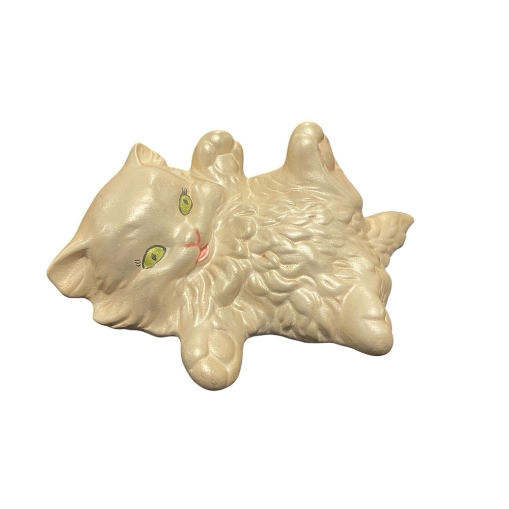 Vintage Long Hair Iridescent Playful Cream White Ceramic Cat Kitten Green Eyes